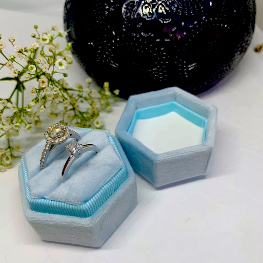 Baby Blue Hexagon Velvet Ring Box Single Slots